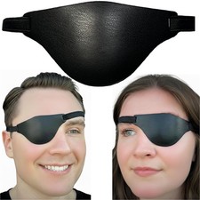 Black Leather Eye Patch with Adjustable Band and Concave Design -
