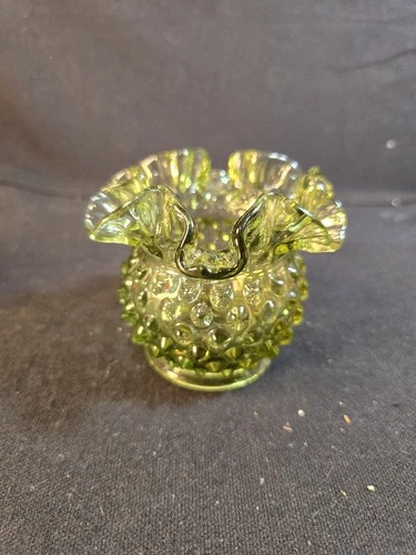 Vintage Fenton Colonial Green Hobnail Glass Vase 3” Double Crimped Ruffled Edge