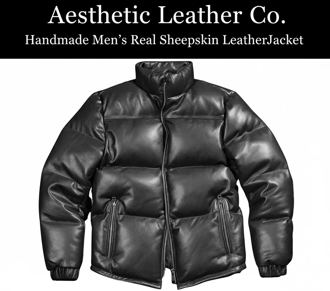 Handmade Men’s Black Sheepskin Leather Puffer Jacket, Real Leather Winter Coat