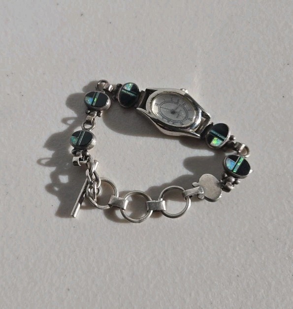 Vintage Sterling Stainless Steel Back And Opal Woman's Watch 