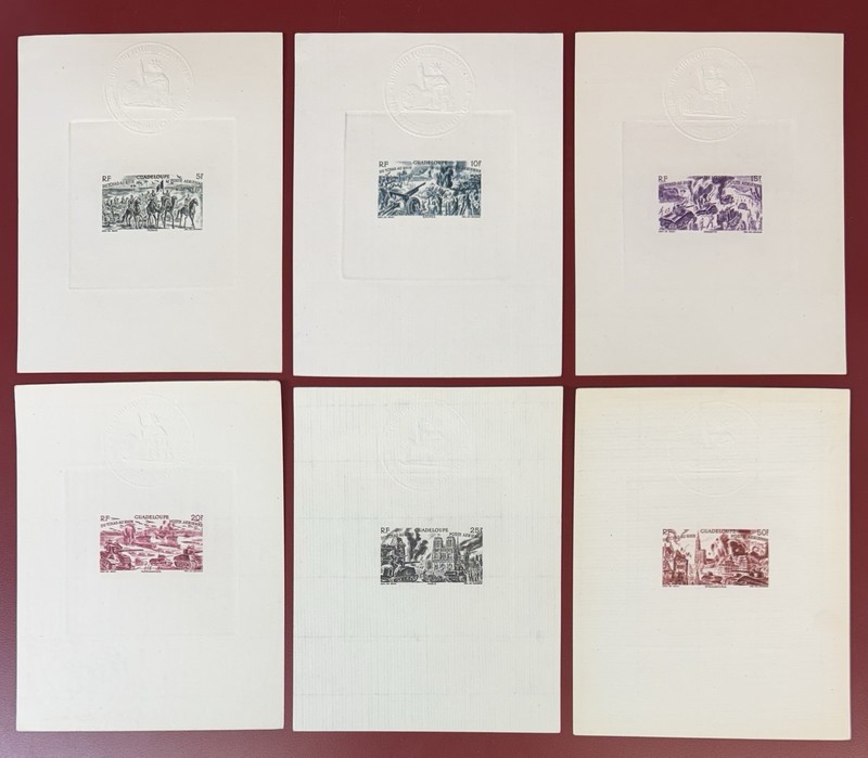 Guadeloupe, 1946, Scott #C4-C9, Set of 6 Proofs/Deluxe Sheets, Chad to Rhine