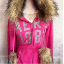 Aeropostale Pink Faux Fur Trim Hooded and Pom Poms Zip Up Sweatshirt Aero L