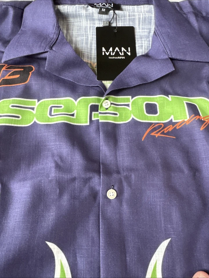 Новый с Ярлыками человек Boohoo сезон гонки рубашка на пуговицах фиолетовый зеленый пламени размер M - Изображение 3 из 4