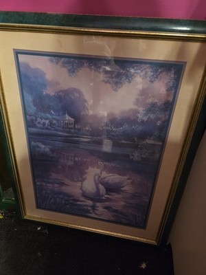 Framed Swan on Lake Nature Portrait Art Print, Blue and Purple Tones RARE