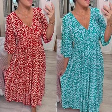 Summer V Neck Dress Women Loose Dresses Floral Seaside Holiday Maxi Dress UK