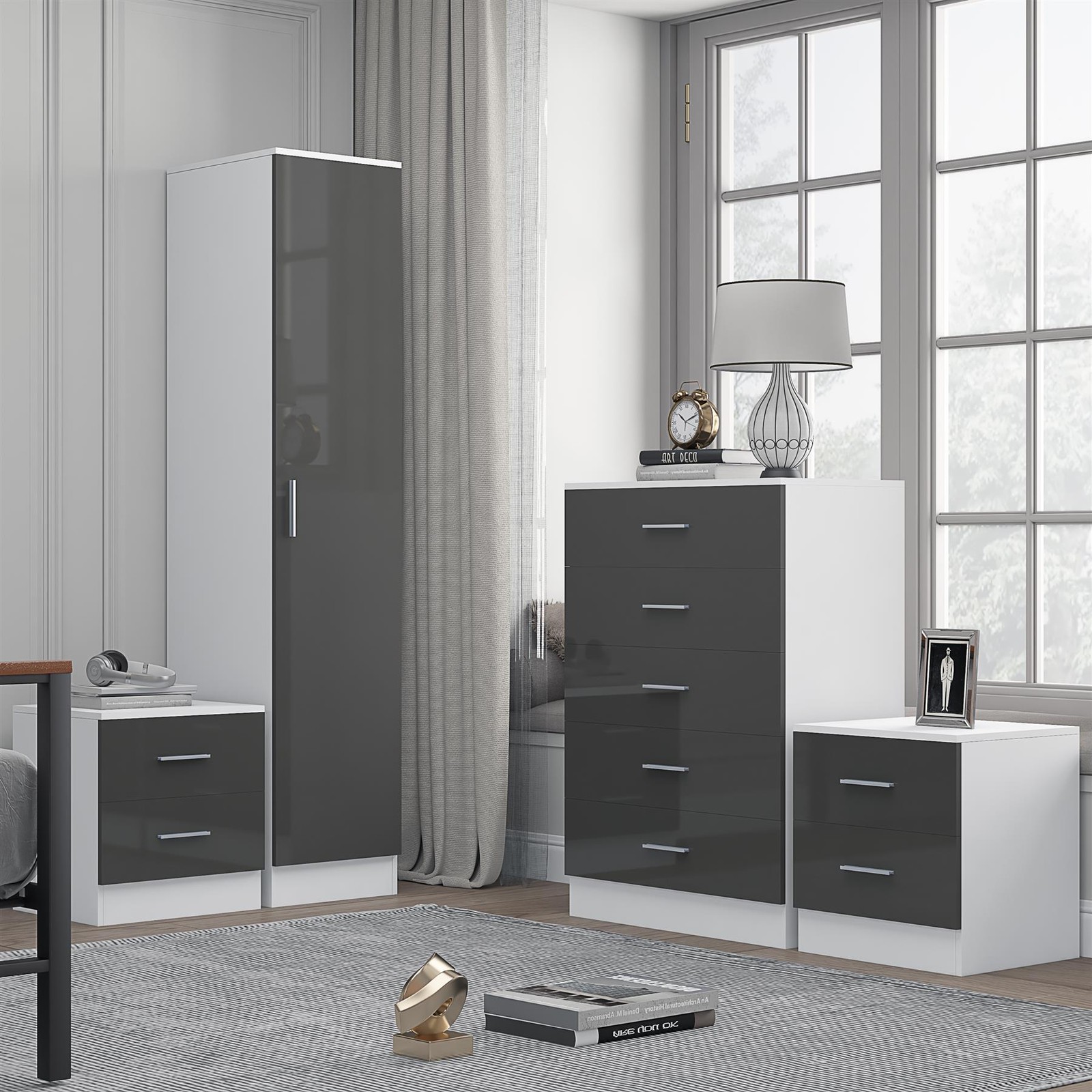 B&Q - 1 Door Plain Wardrobe5 Drawer Chest2X 2 Drawer BedsidesGrey Gloss & Matt WhiteModern Bedroom Furniture Set - Image 2