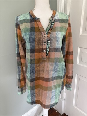 Anthropologie Isabella Sinclair sz. M Plaid Ruffle Flannel Popover Shirt