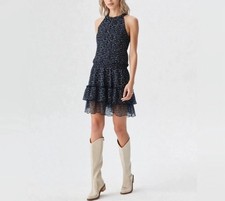 Navy Floral Halter Tiered Midi Dress W/ Smocked Waist