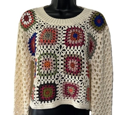 Debut Sweater Women s Small Cream Crochet Granny Square Patchwork Open Knit Boho