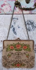 VINTAGE FLORAL/ORNATE BEADED BAG/PURSE WITH SINGLE METAL CHAIN/STRAP KISS CLASP