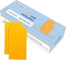  1 600 Pcs Small Coin Envelopes 2.25" x 3.5" with Gummed Flap, Yellow Kraft M...