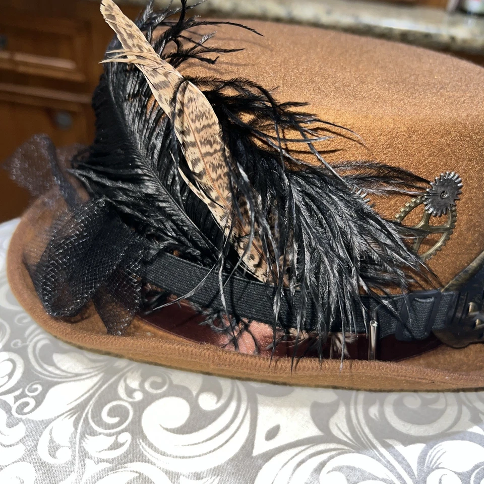 Disfraz Steampunk | Sombrero Steampunk Marrón Gafas Marrón Hoja Dorada Foto 3 de 4