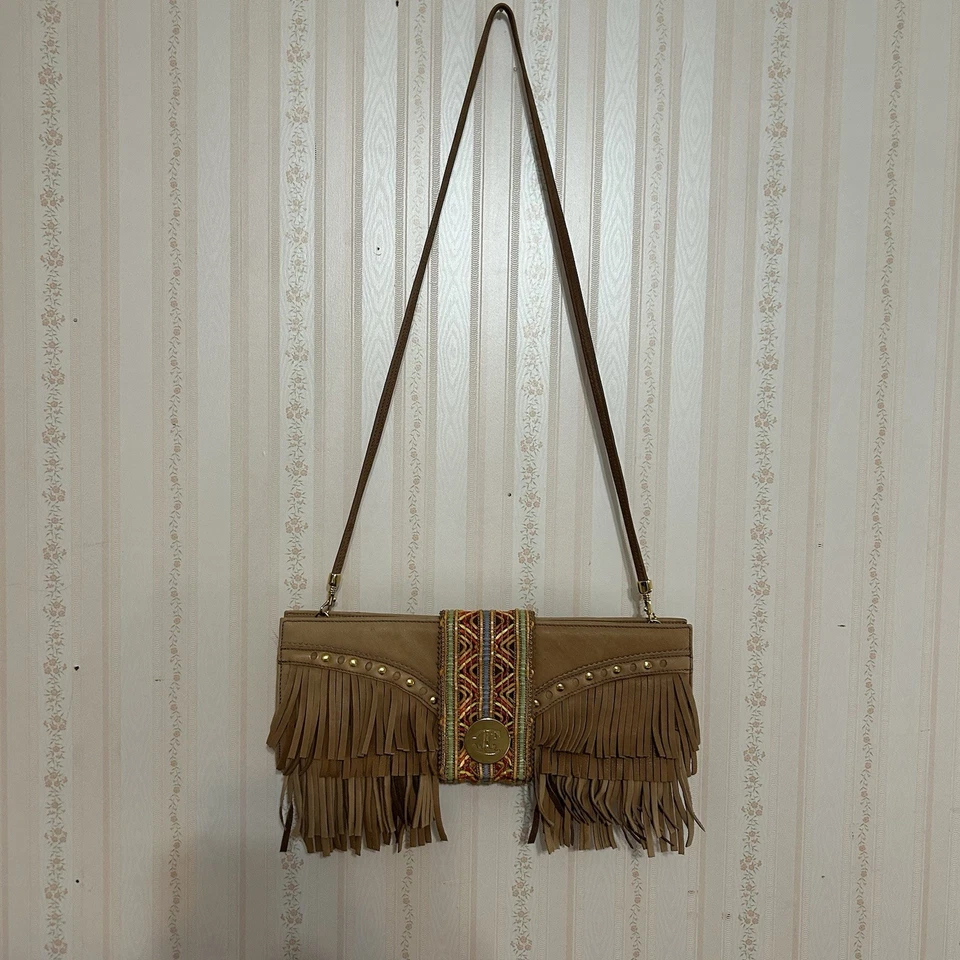Vintage Just Cavalli Beige Leather Fringes Flap Top Evening Clutch Or Strap Bag - Image 4 of 4
