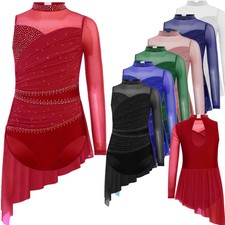 Girls One Piece High-Low Dancewear Sheer Mesh Skirted Training Dance Dress Jazz