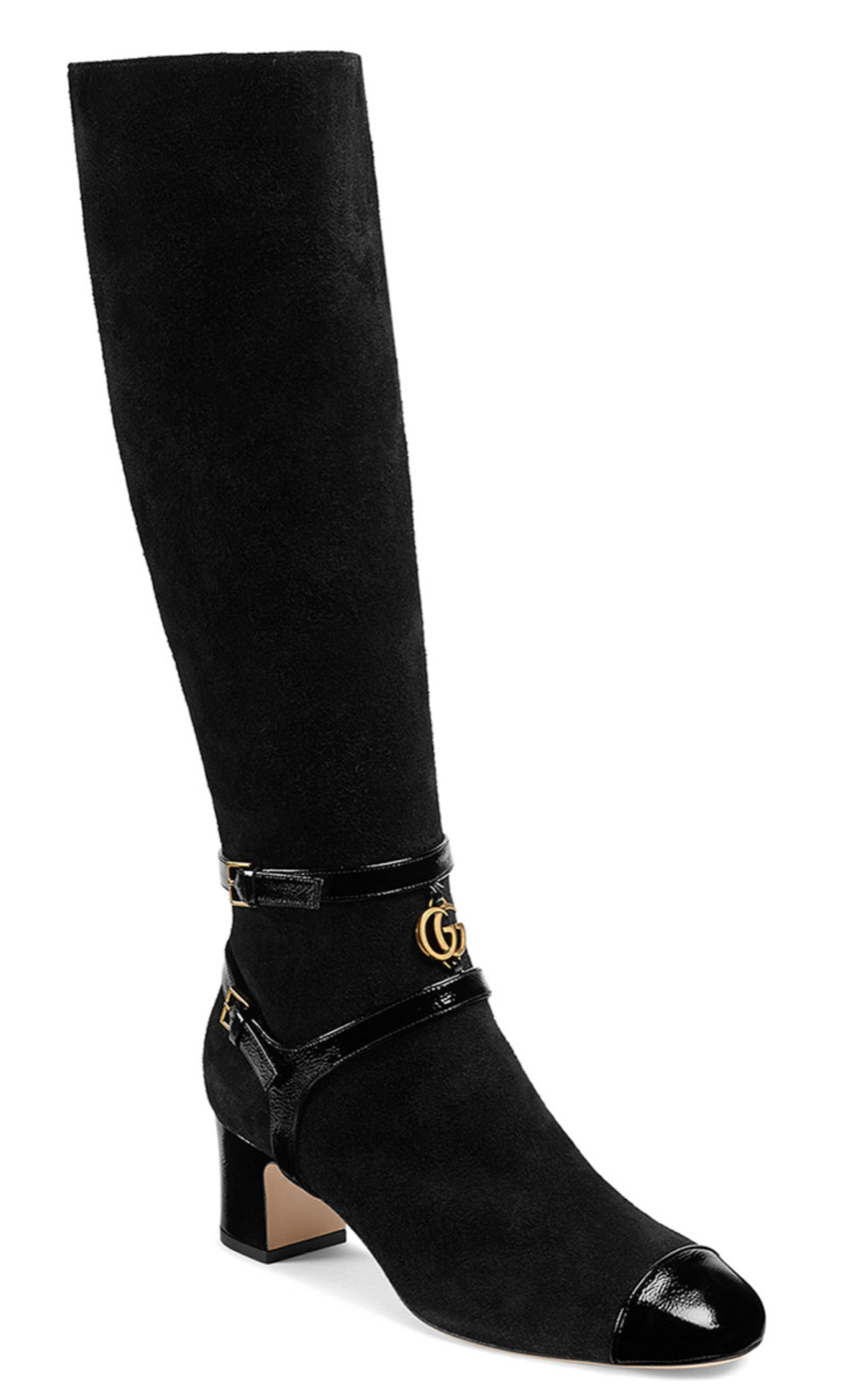 Gucci Geraldine 55 Black Suede Patent GG Gold Logo Low Heel Knee High Boot 35 image 2