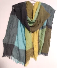 Women's Rayon Scarf Crinkle Fabric Yellow Green Teal Gray Fringe 81" x 22" FLAW