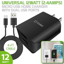 Cellet 12Watt 2.4 Amp Home Charger with 2 USB Ports (Micro-USB Cable Included)