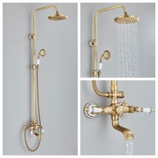 8" Antique Brass Exposed Shower Faucet Set Rainfall Shower System With Tub spout