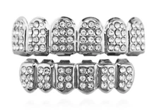 Custom Fit Silver Plated CZ Iced Teeth Grillz Set for Joker Halloween Costume