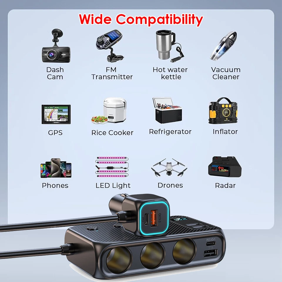 3 Way Car Charger Cigarette Lighter Splitter Adapter Fast USB/C Socket QC PD 30W - Image 4 of 4