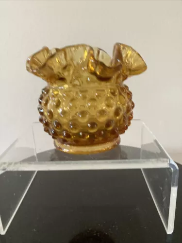 Vintage Fenton Amber Hobnail  4” x 5" Ruffled Rim Mini Vase Art Glass