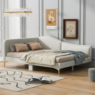 Full Size Upholstered Daybed w/Headboard & Armrest Linen Sofa Bed Frames Beige