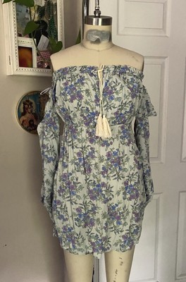 MIMI CHICA Turquoise Floral Cold-Shoulder Peasant Sleeve Mini Dress *MEDIUM*