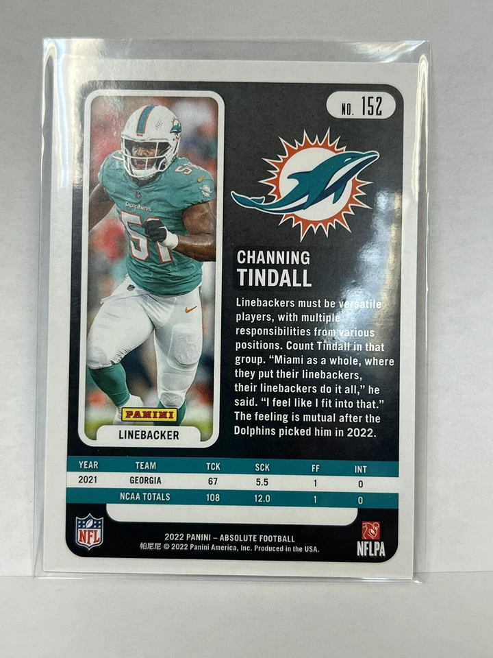 2022 Panini Absolute Channing Tindall RC Rookie Miami Dolphins #152 - Image 2 of 2