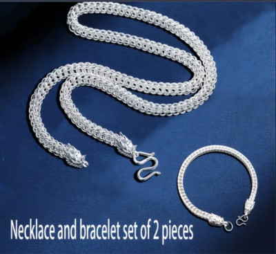 925 Sterling Silver-Plated Double Dragon Head intricate Necklace & Bracelet