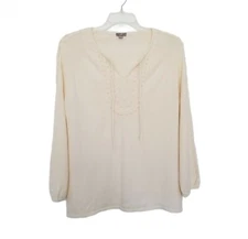 J. Jill Cotton Angora Blend V-Neck Sweater Size Large Embroidery Tie String FLAW