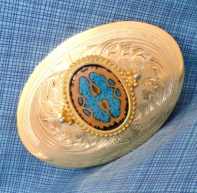 Western Belt Buckle Cowboy Walnut Blue Stone Inlay Cowgirl Vtg Lazy K    .TAZ069