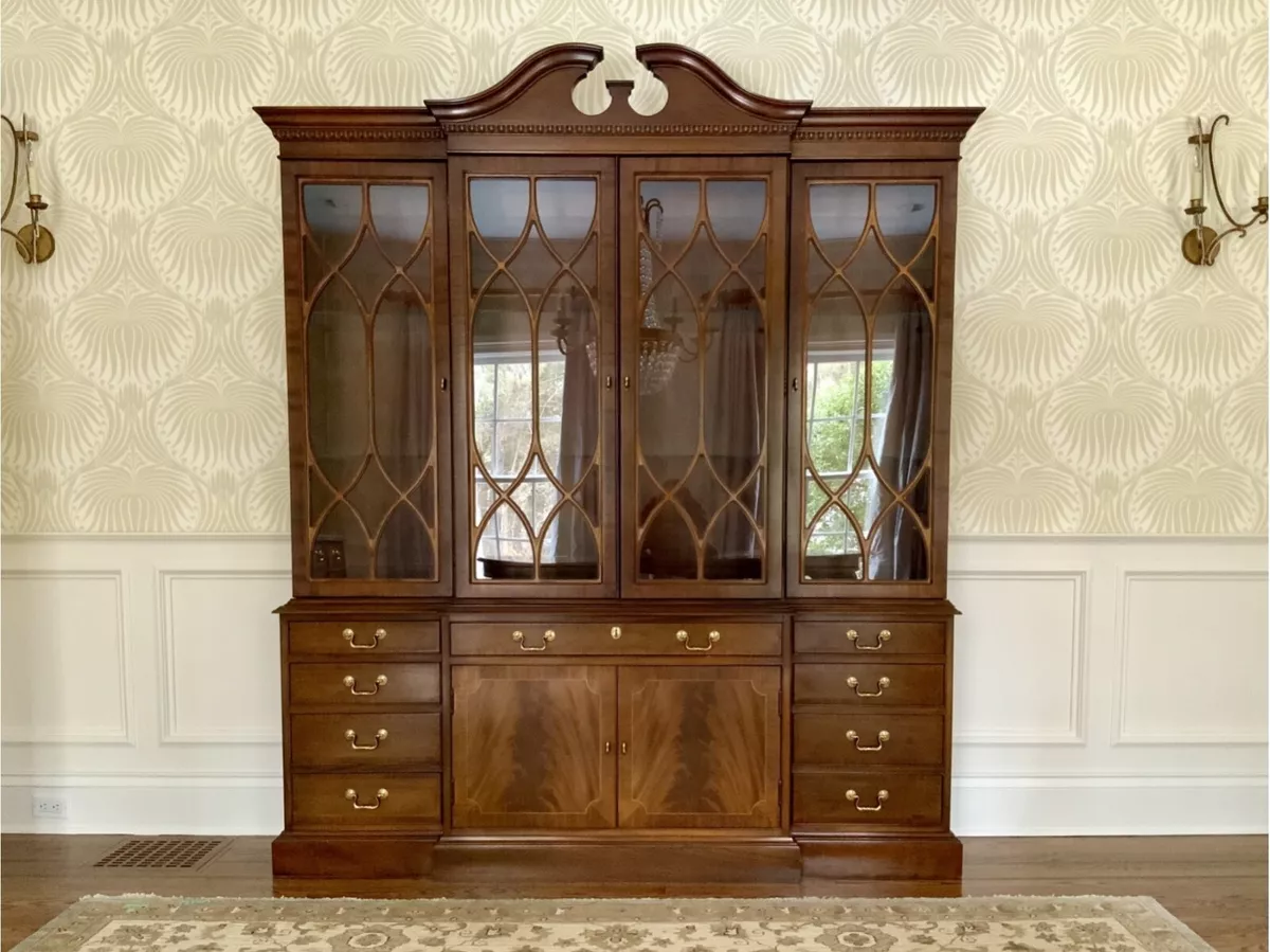 Vintage Two Piece Hickory Chair Mahogany Breakfront China Cabinet