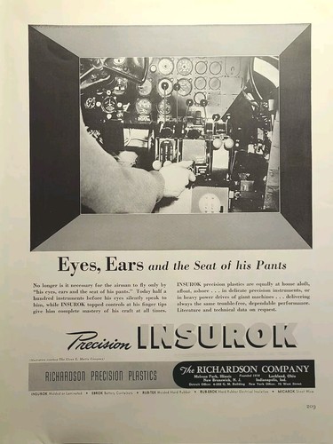 Insurok Plastics Piloto Cabina Ojos Orejas Asiento De Sus Pantalones Vintage Estampado Anuncio 1941
