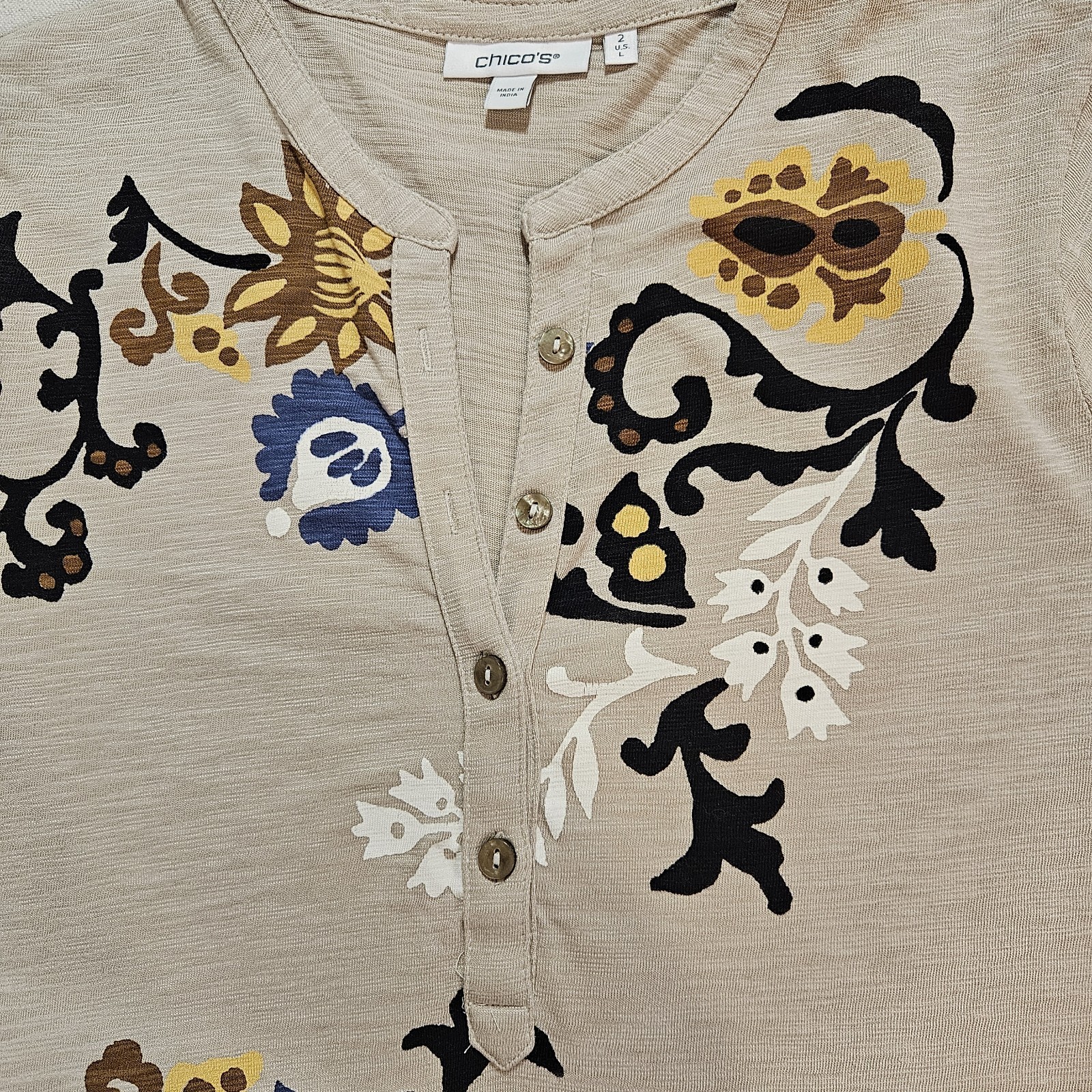Chico's Women's Size 2 (L) Split Neck Slub Henley Floral 3/4  Sleeve Top