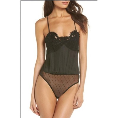 FREE PEOPLE Black Bodysuit Lace Sweetie Pie Neck Spaghetti Strap Size S Small