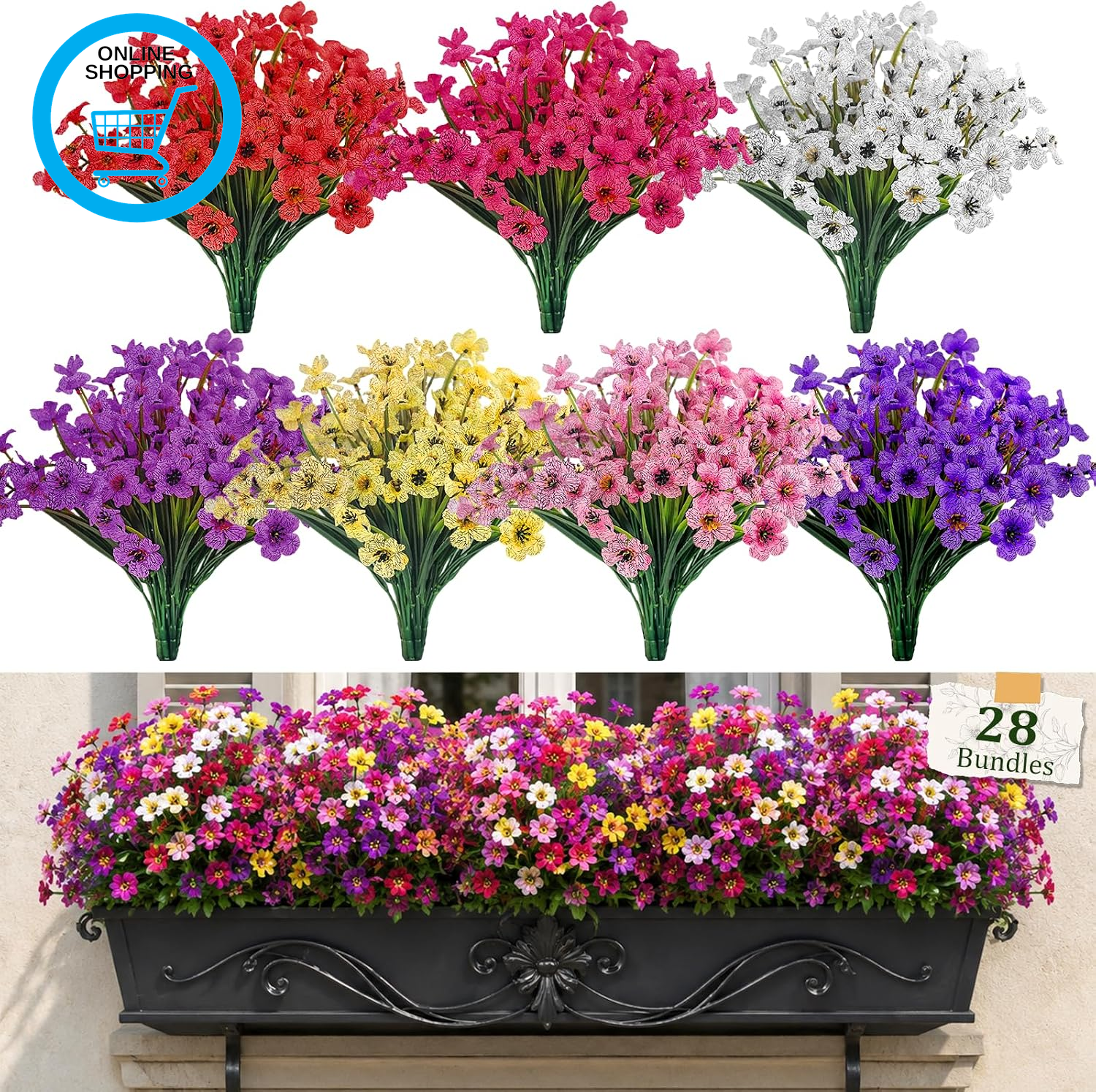28 Bundles 7 Color Artificial Flowers, No Fade Fake Flowers Faux Flowers UV Resi