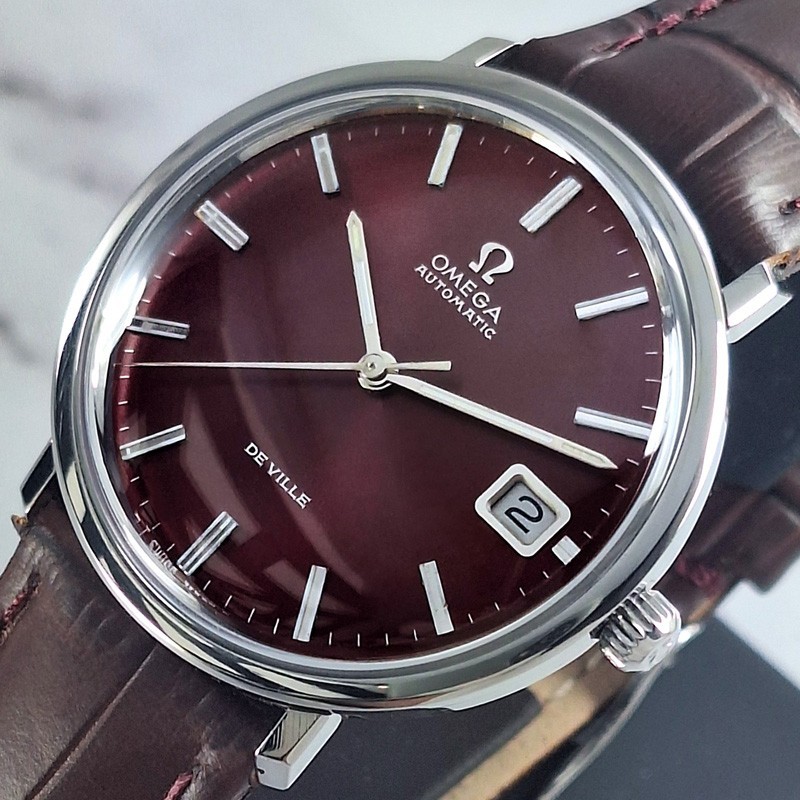 OMEGA DE VILLE AUTOMATIC 24 JEWELS CAL.565 DATE BURGUNDY DIAL VINTAGE MENS WATCH image 3