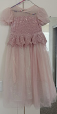 Girls Pink Sequin Tulle Long Tutu Dress Puff Sleeves Party Fairytale 6-7 Years