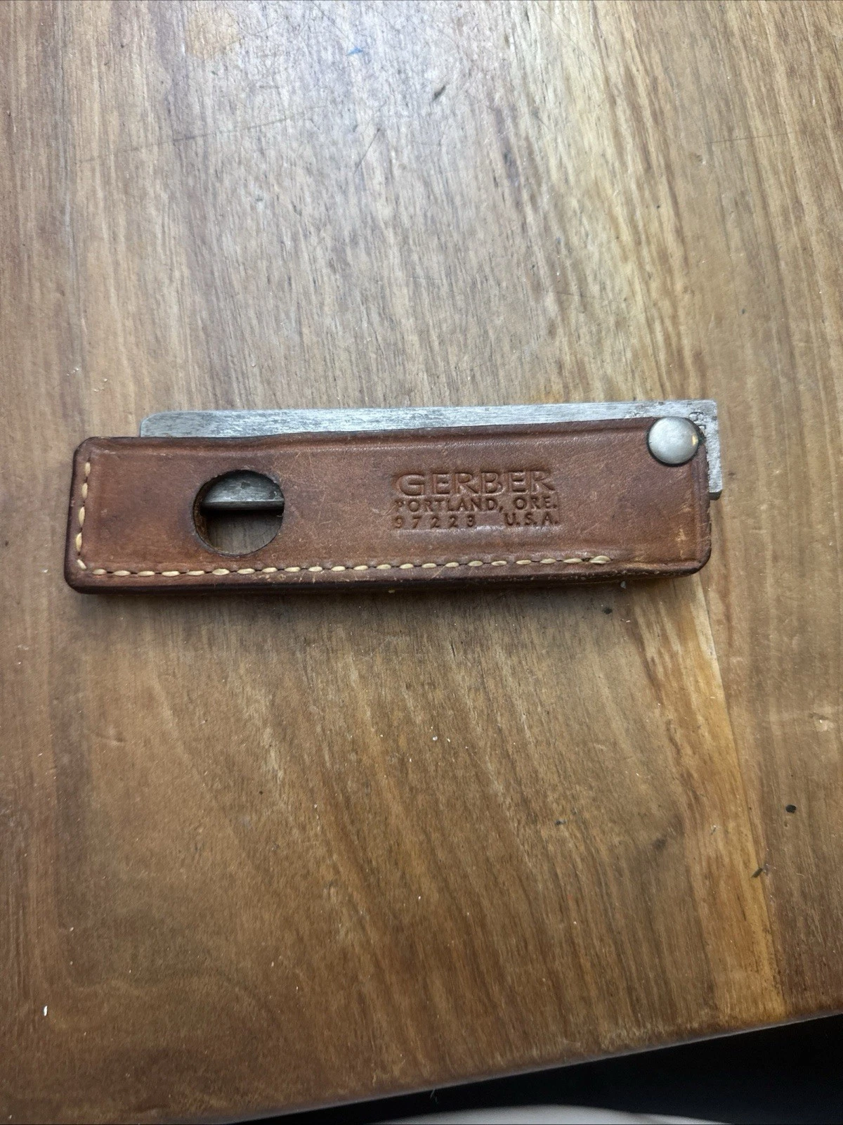Vintage Gerber 97223 Portland USA 5" Folding Steel Hone Knife Sharpener Leather
