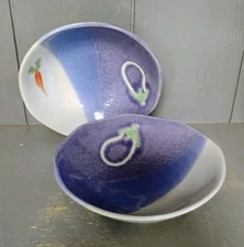 Pair Handcrafted Studio Pottery Small Bowls Purple White Carrot Eggplant Veggies