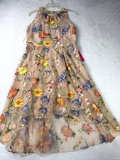 Adrianna Papell Midi Dress Womens 14 Floral Embroidery Whimsical Retails 229 NWT