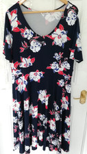 Damart Size 22 Dress Navy Blue Red White Floral Soft Stretchy Short Sleeves