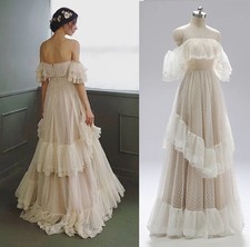 Off Shoulder Wedding Dress Tiered Lace Ruffle Victorian Rustic Backless Princess