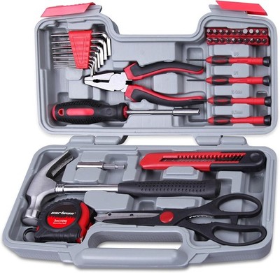 39-piece household tool set,comprising manual tools with plastic storage case