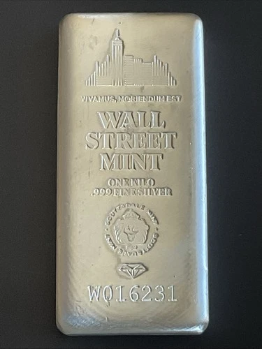 1 Kilo .999 Silver Bar Wall Street Mint Silver Bullion - 32.15 Troy Oz #w016231