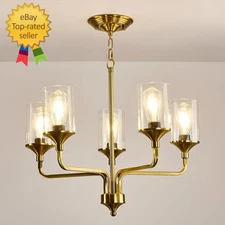 Gold 5 Lights Glass Chandelier Rustic Metal Pendant Lighting Ceiling Fixtures