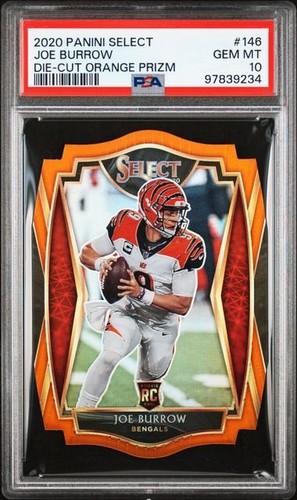 Graded 2020 Panini Select Joe Burrow #146 Die-Cut Orange Prizm Card PSA 10