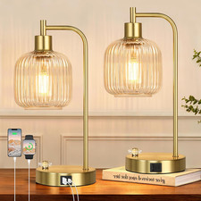 Set of 2 Industrial Glass Table Lamps with USB Ports  Dimmable Gold Finish