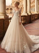 Long Sleeves Princess Wedding Dress A-line Illusion Back Bridal Gown O-neck