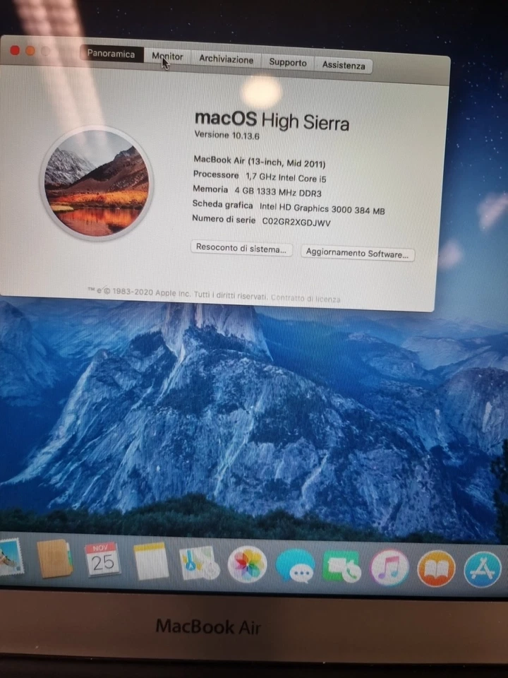 APPLE MacBook Air 13 A1369 2011 I5 1,7ghz 256Gb 4gb RAM Drr3 macOS High Sierra - Immagine 2 di 4